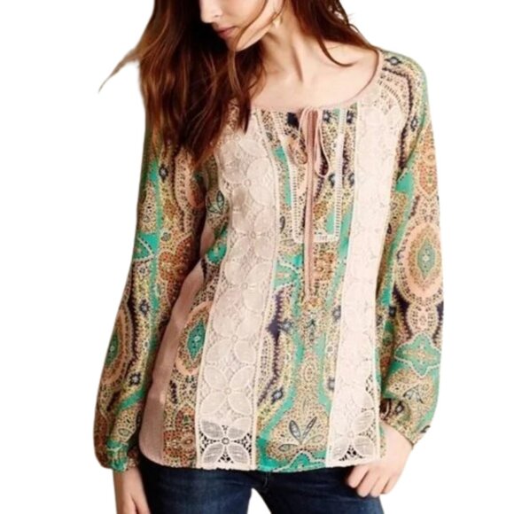 Anthropologie Meadow Rue Giada Peasant Top Floral Crochet Boho Blouse - Picture 1 of 12
